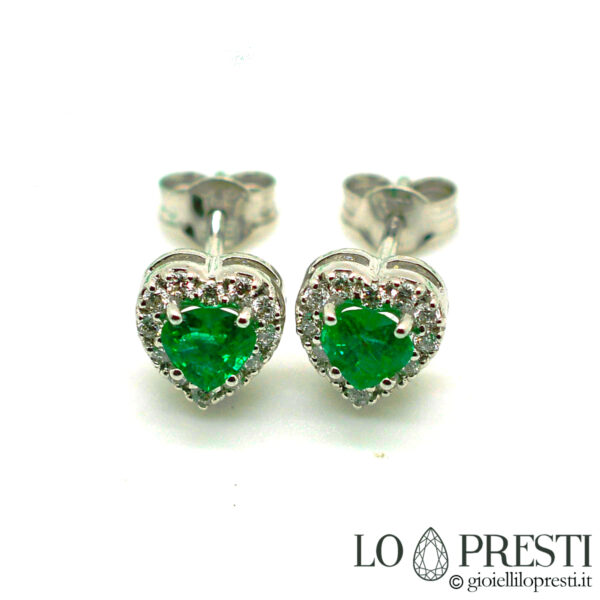 orecchini forma cuore con smeraldo diamanti brillanti-orecchini cuore oro bianco 18kt