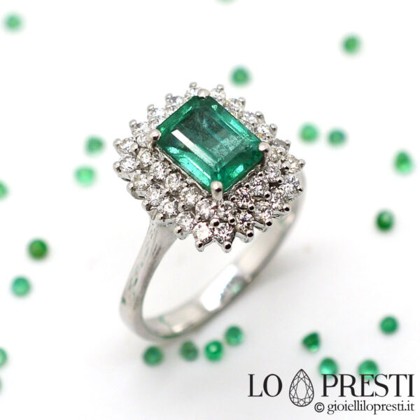 ring with emerald emeralds and diamonds ring with real rectangular natural emerald and diamonds white gold handcrafted ring with natural emerald and diamonds