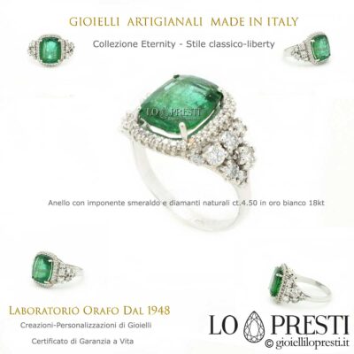 anéis de anel com esmeralda quadrada natural e diamantes coleção de anéis eternidade em ouro branco 18kt