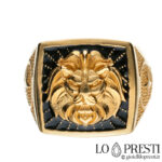 Black enamel men's ring with lion in relief