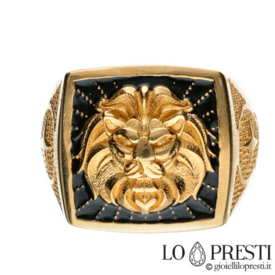 anel masculino de esmalte preto com leão em relevo