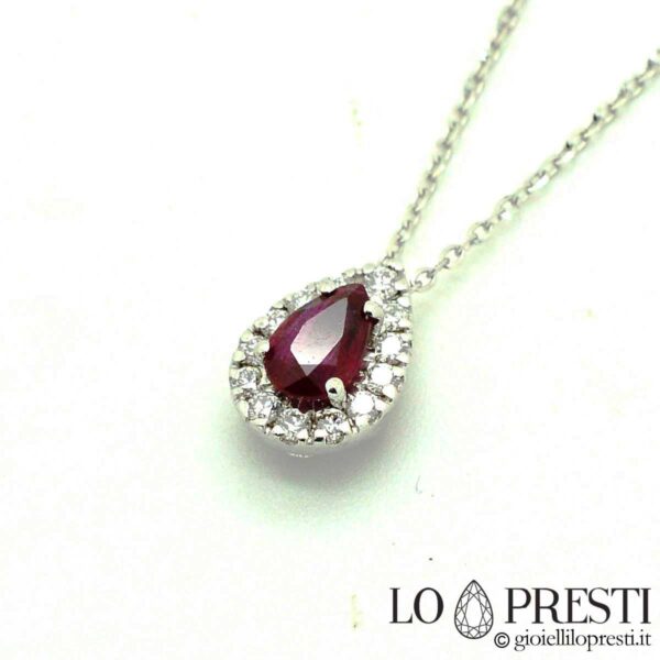 Pendant necklace with natural red pear-cut ruby ​​and diamonds