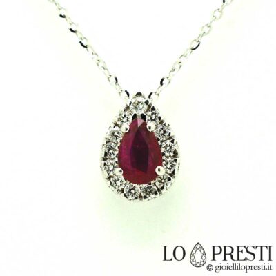 necklace with red ruby ​​diamonds pendant with natural ruby ​​drop and diamonds pendant with certified natural ruby ​​drop cut