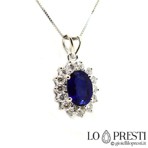 collier ras du cou avec saphirs bleus et diamants brillants pendentif en or blanc 18 carats pendentif avec saphir