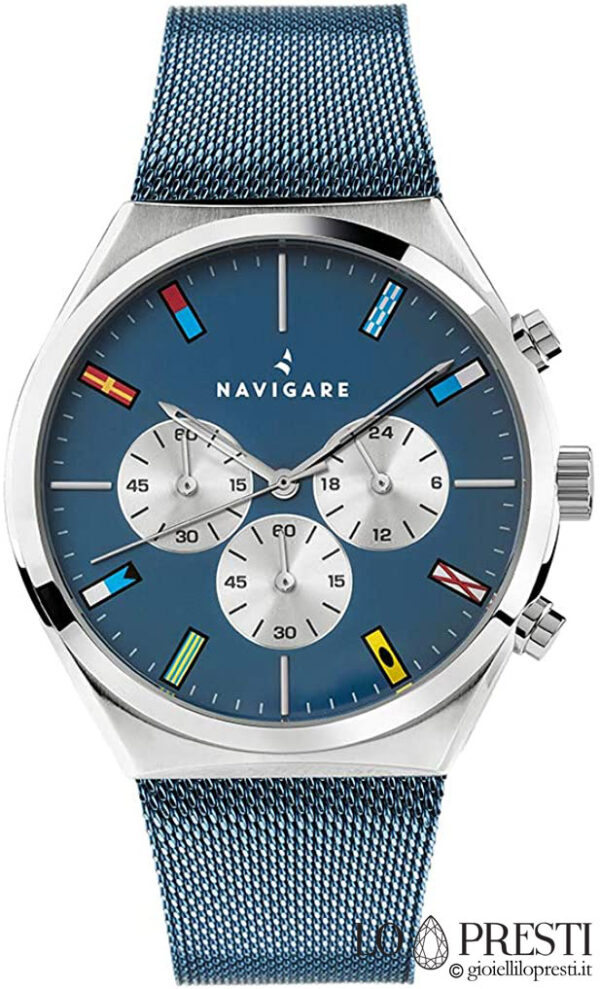 часы Navigation Tahiti синий хронограф кварцевая стальная сетка Milan Milanese Navigation коллекция мужских часов