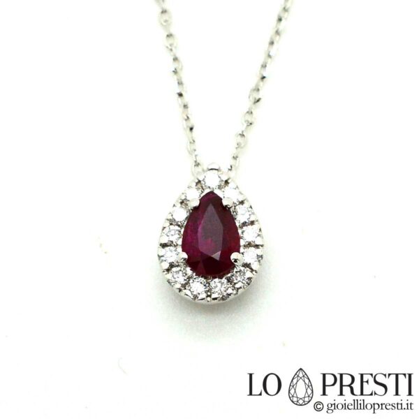 pendant with natural drop cut ruby ​​necklace with natural ruby ​​​​and diamond 18kt white gold made in Italy jewelry