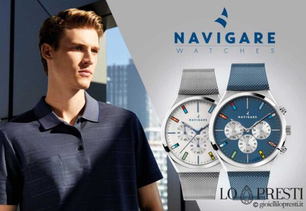 montre montres hommes naviguer montres tahiti bleu gris argent chronographe acier maille milan nouvelle collection
