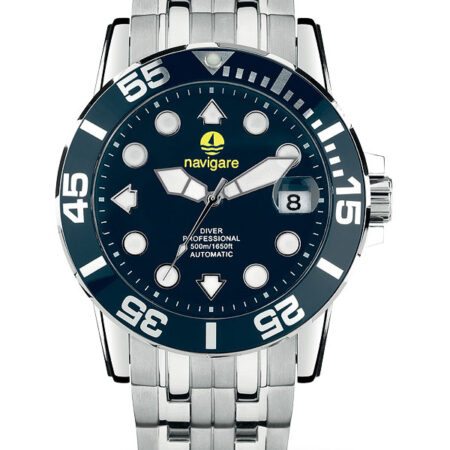 Regardez la montre Navigate Automatic Diver Professional 500m. Rallonge super luminova bleu acier bleu pour plongeurs