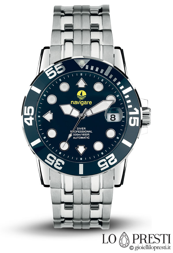 orologio watch navigare automatic diver professional 500mt. acciaio blu blue super luminova prolunga per subacquei