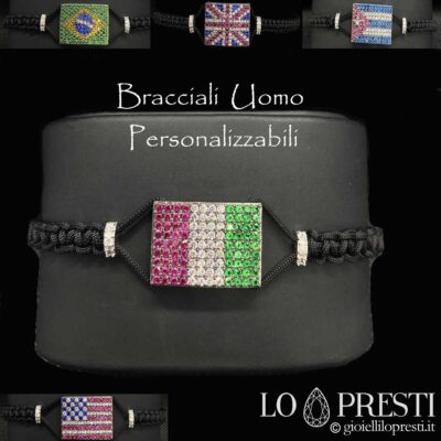 man bracelet 925 silver cord zircons customizable with tricolor flag nation symbol italy design name initial letters