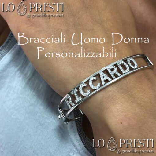 bracciale uomo donna manetta rigido argento 925 zirconi con nome lettere iniziali frasi simboli personalizzabile