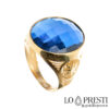 Men's oval yellow gold blue stone chevaliere ring