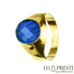 men's and women's pinky chevalier ring with polished 18kt yellow gold band and round blue colored zircon