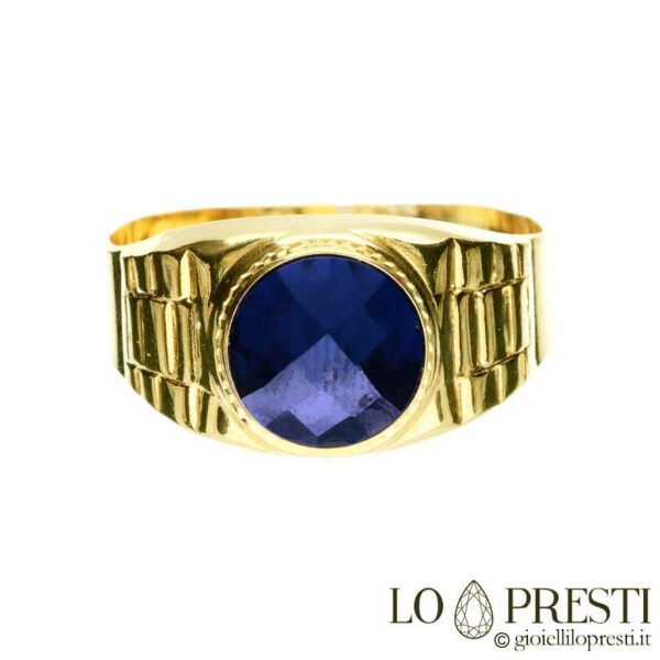 Personalisierter Ring für Männer und Frauen, Chevalier Pinky Band, Gelbgold, runder blauer Zirkon