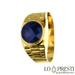 yellow gold man and woman pinky chevalier band ring with blue zircon stone