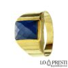 customizable yellow gold chevalier ring for men and women with rectangular blue zircon