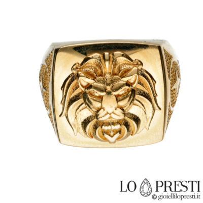 anel de homem leão de ouro retangular