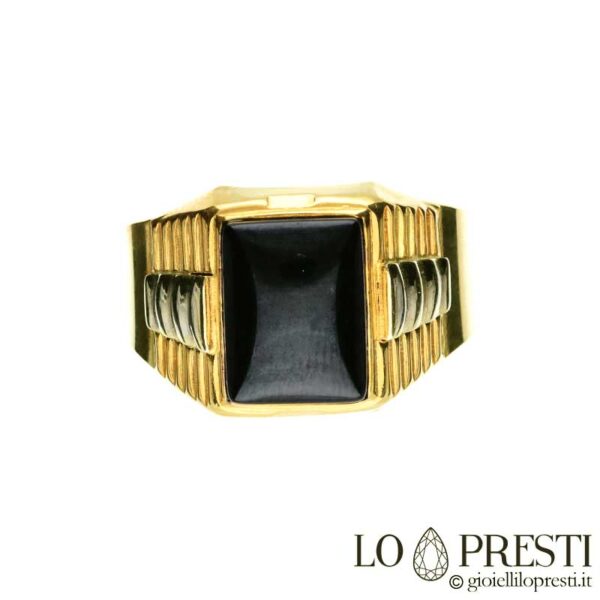 personalized pinky chevalier band ring for men and women in yellow gold and white onyx