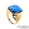 18kt yellow gold men's pinky chevalier shield ring with blue cubic zirconia