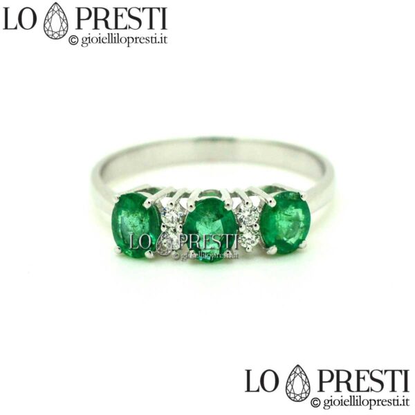 trilogy ring with emerald emeralds natural diamonds 18kt white gold