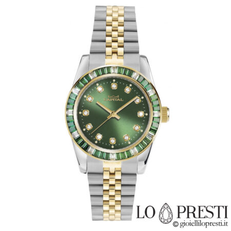 Green dial women's watch with stones in the dial