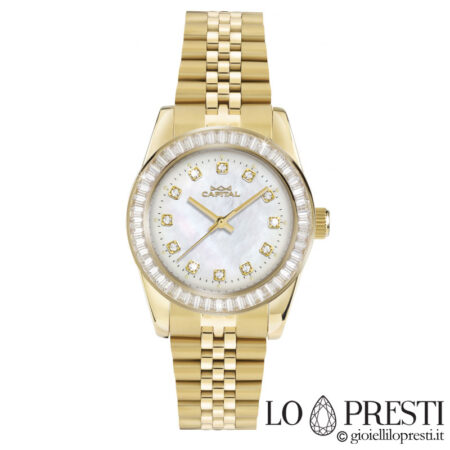 Gold-plated women's watch with quartz stones