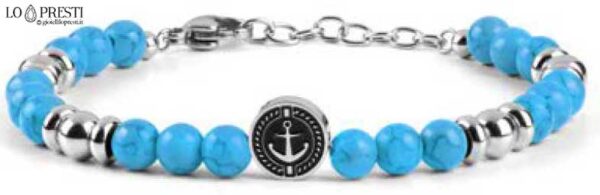 Navigate bracelet for men and boys in steel with adjustable blue stones anchor