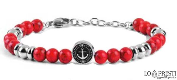 Navigate bracelet for men and boys in steel with adjustable red colored stones