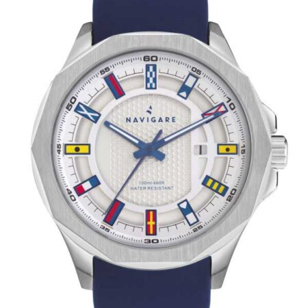 Navigate mavericks men's boy's watch, steel case, blue silicone strap, 10atm with nautical flags