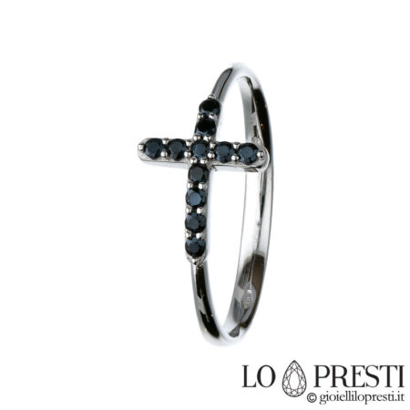 Customizable 18kt white gold cross ring for men and women with black zircons