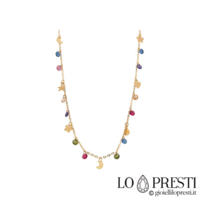 collier ras de cou femme chaîne en or avec pierres colorées breloques pendentifs lune étoile coeur trèfle à quatre feuilles