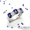 anel de banda com corte baguete safiras azuis diamantes brilhantes ouro branco anéis trilogia diamantes safiras
