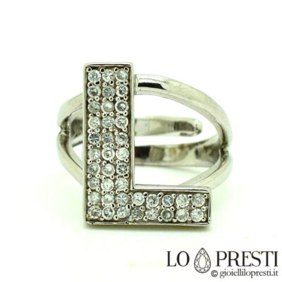 ring initial letter L silver and zircons