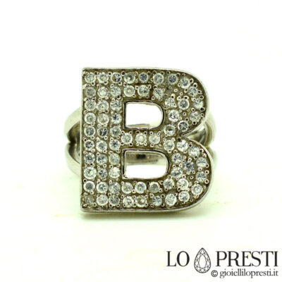 initial letter B ring in silver 925 rhodium plated