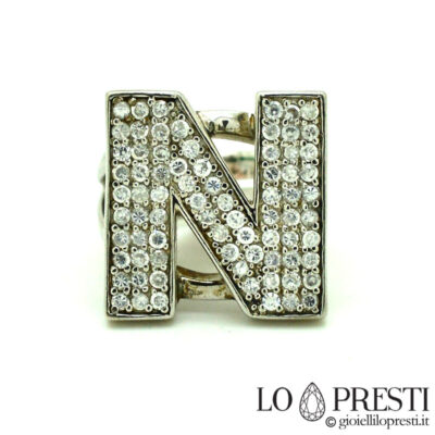 ring initial letter N silver and zircons