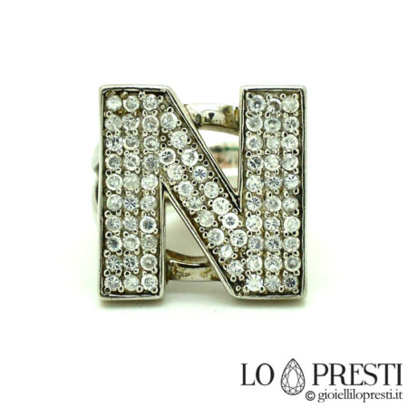 initial letter N ring in silver and zircons