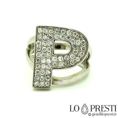 letra P inicial do anel, prata e zircões