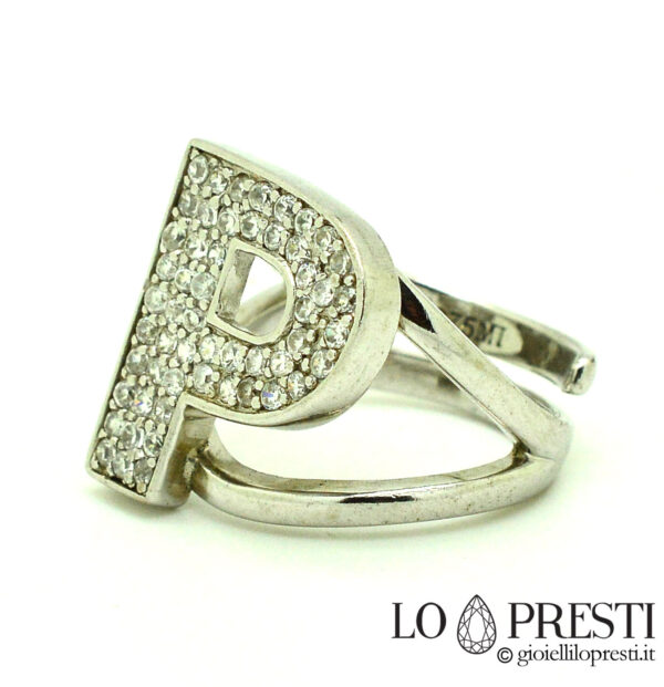 initial letter P ring in silver and zircons