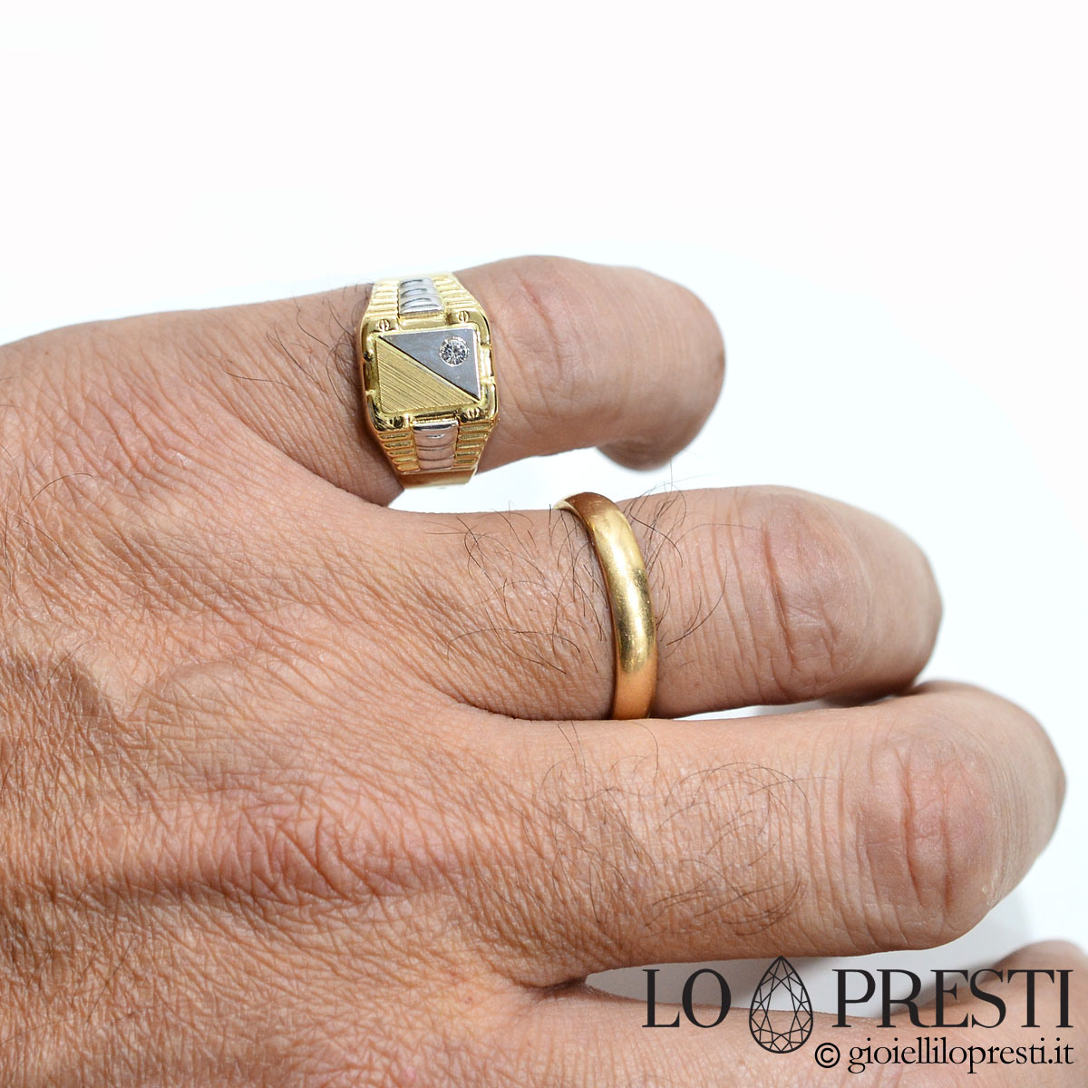 Anillo hombre escudo sello en oro blanco amarillo de 18 con circonita-anillo caballero hombre - Joyas Lo Presti