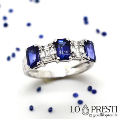 joalheria anéis femininos com safiras azuis naturais e anel de diamantes com safiras ouro branco trilogia
