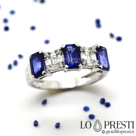 joias anéis femininos com safiras azuis naturais e diamantes anel com safiras faixa trilogia em ouro branco