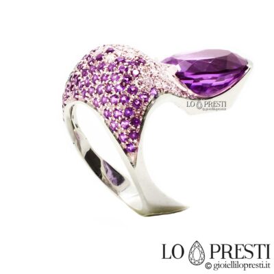 花式鸡尾酒女士戒指大细节镶嵌宝石 白金紫水晶和钻石戒指