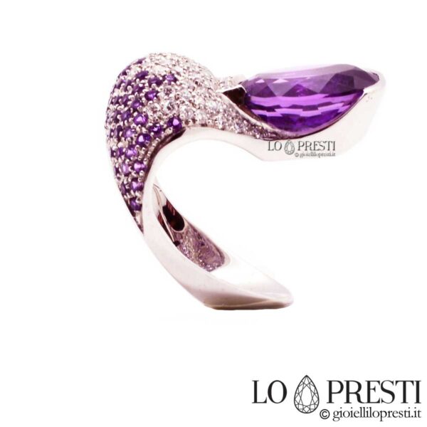 anello fantasia grande cocktail forma strana particolare con ametista diamanti brillanti pavè anelli unici
