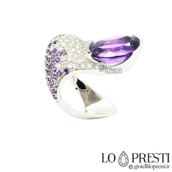 large cocktail ring, particular shape, with amethyst and pavé of amethysts and diamonds in white gold