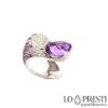 imposing large ring, particular strange shape with amethyst and diamonds in 18kt white gold