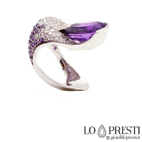 anel particular original com ametista e diamantes em forma de onda com joias de anéis de coquetel pavè