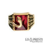 18kt yellow gold men's red stone and snake ring