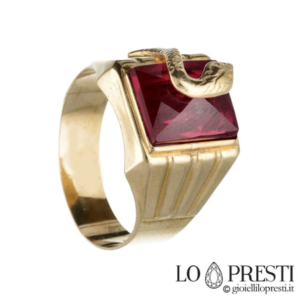 18kt yellow gold men's red stone and snake ring