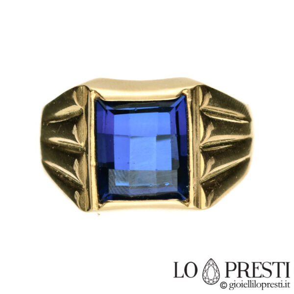 anel masculino com zircão azul brilè em ouro amarelo 18kt