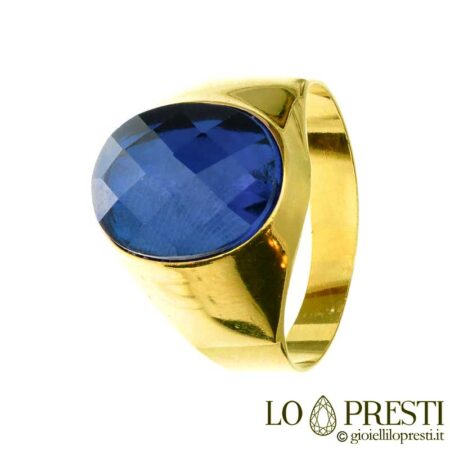 Men's and women's pinky chevalier ring with yellow gold band and faceted oval blue zircon